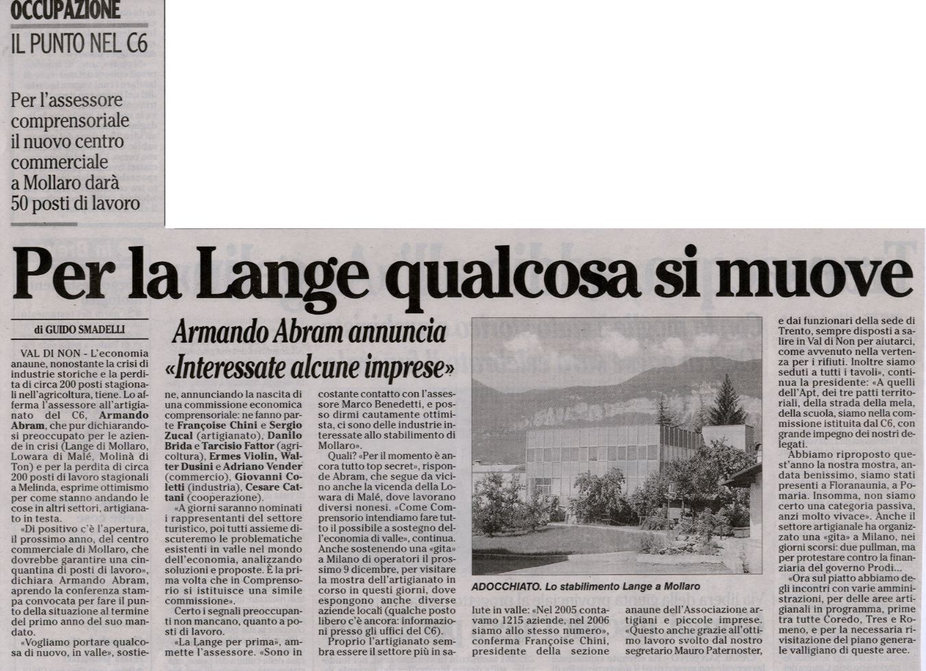 2006-12-05 00:00:00 - Per la Lange qualcosa si muove - Smadelli Guido - Adige